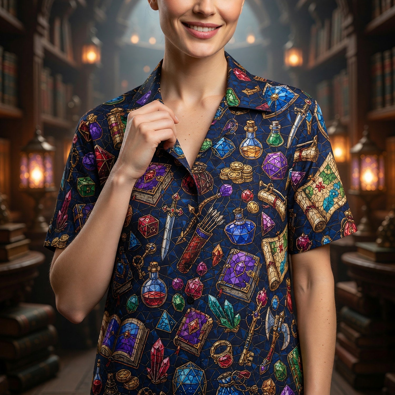 Fantasy Loot Hawaiian Shirt - Stained Glass RPG Treasures