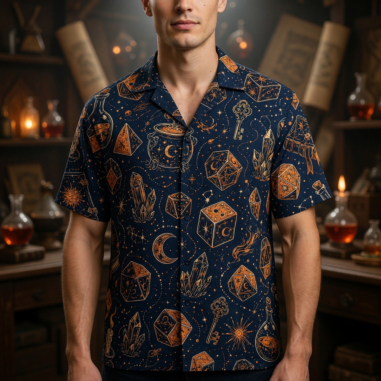 Dice Cauldron Hawaiian Shirt - Fantasy RPG Wizard Pattern