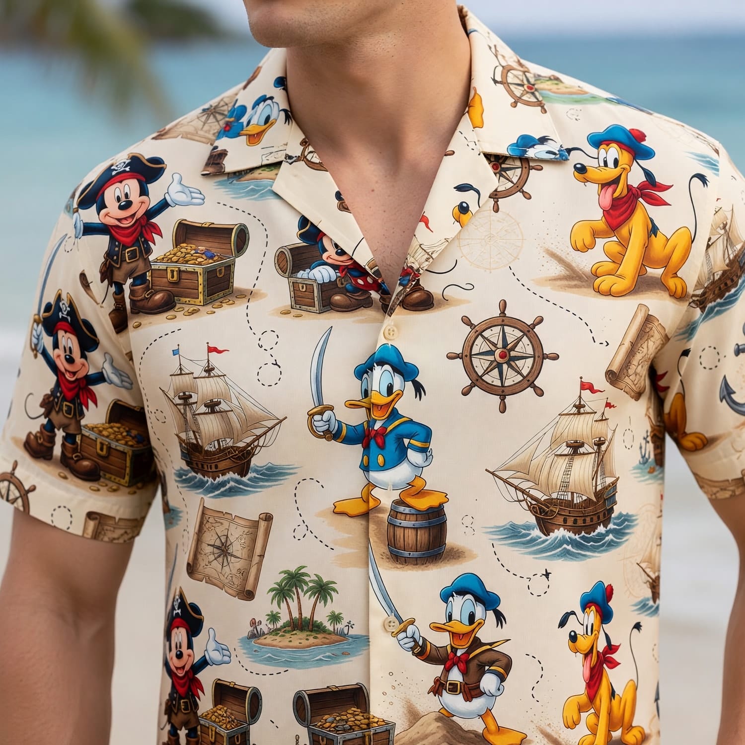 Pirate Hawaiian Shirt - Mouse Duck Treasure Map Pattern