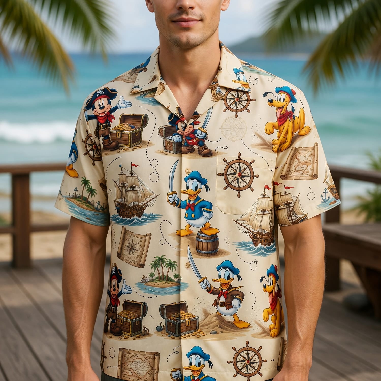 Pirate Hawaiian Shirt - Mouse Duck Treasure Map Pattern