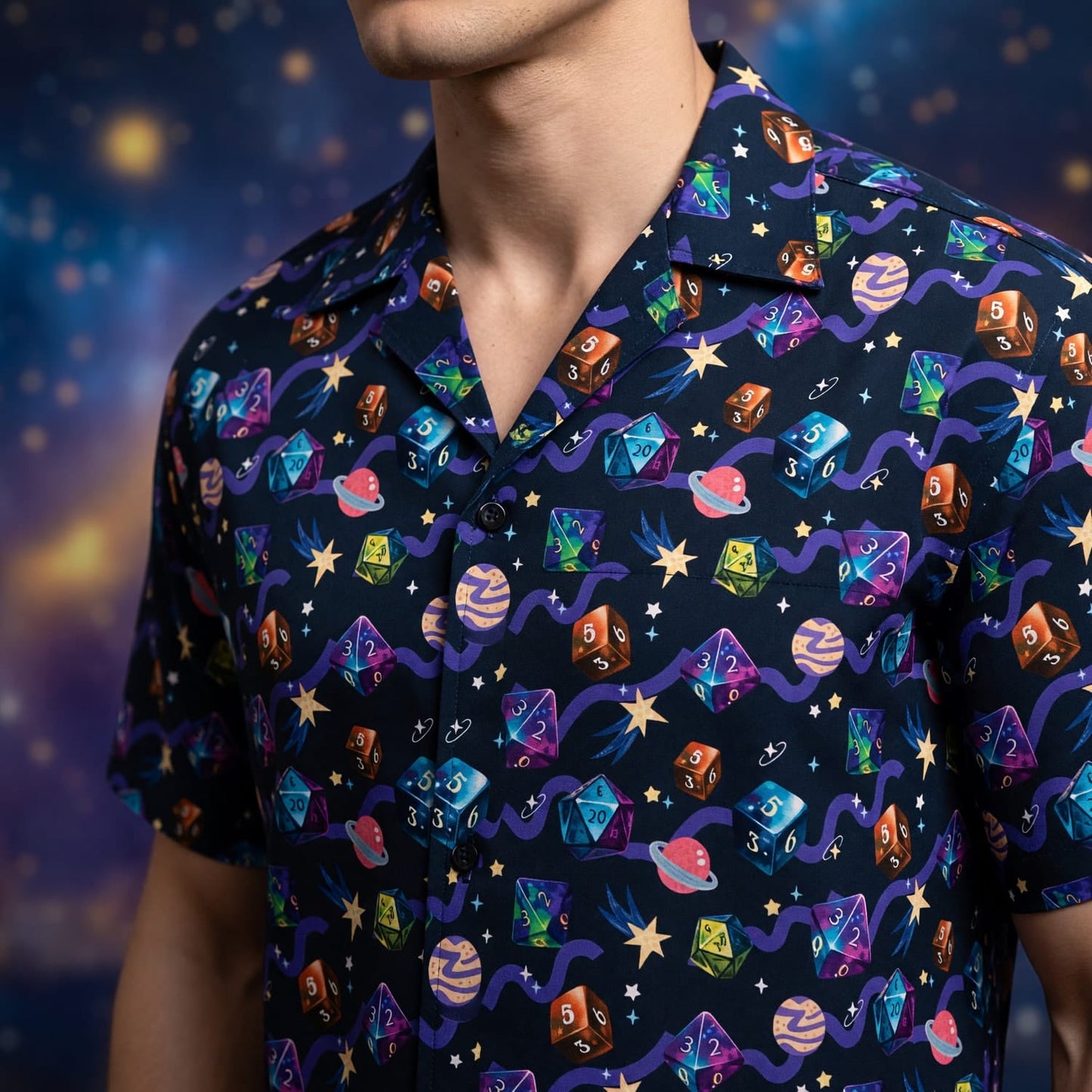 Cosmic Dice Hawaiian Shirt - Space RPG Gaming Apparel