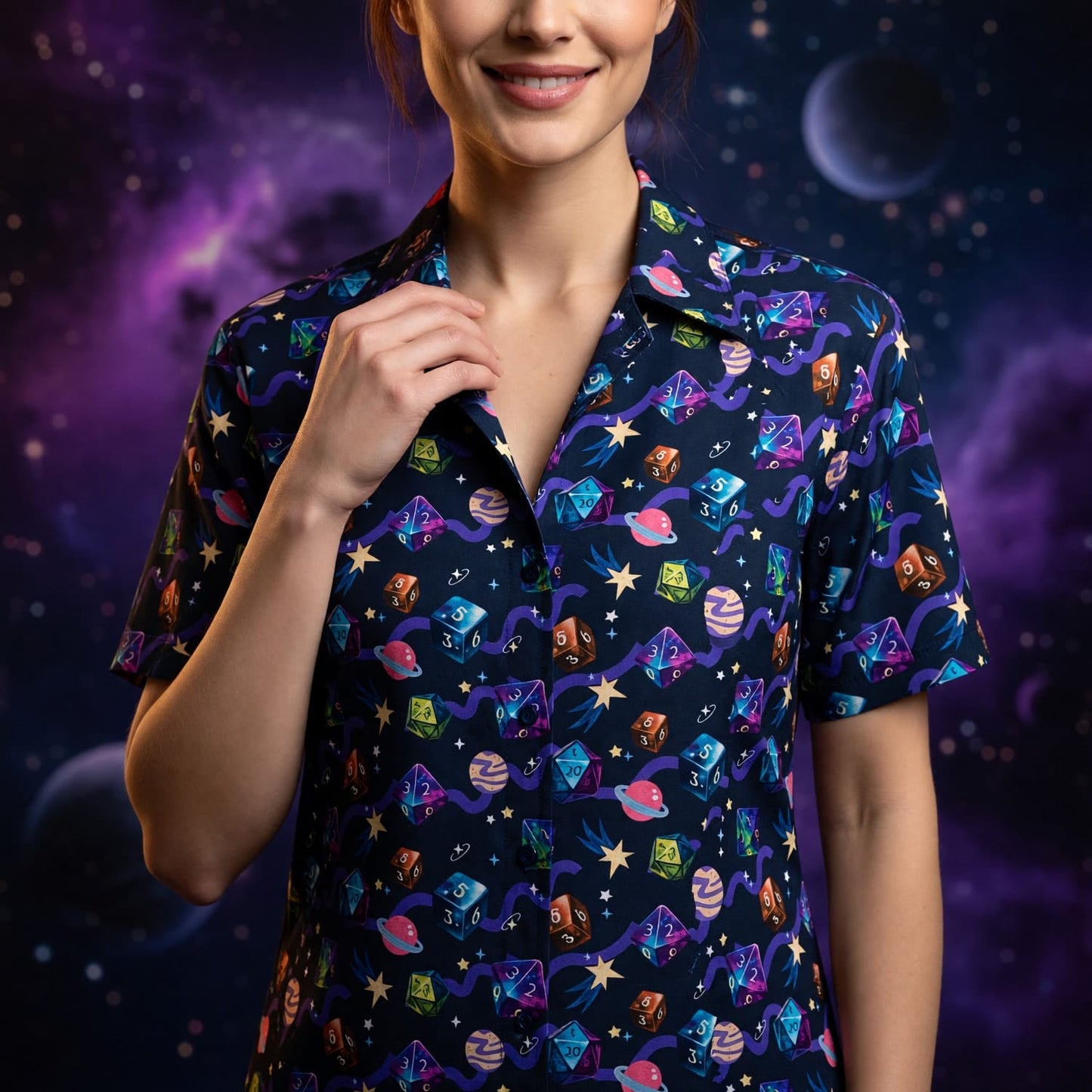 Cosmic Dice Hawaiian Shirt - Space RPG Gaming Apparel