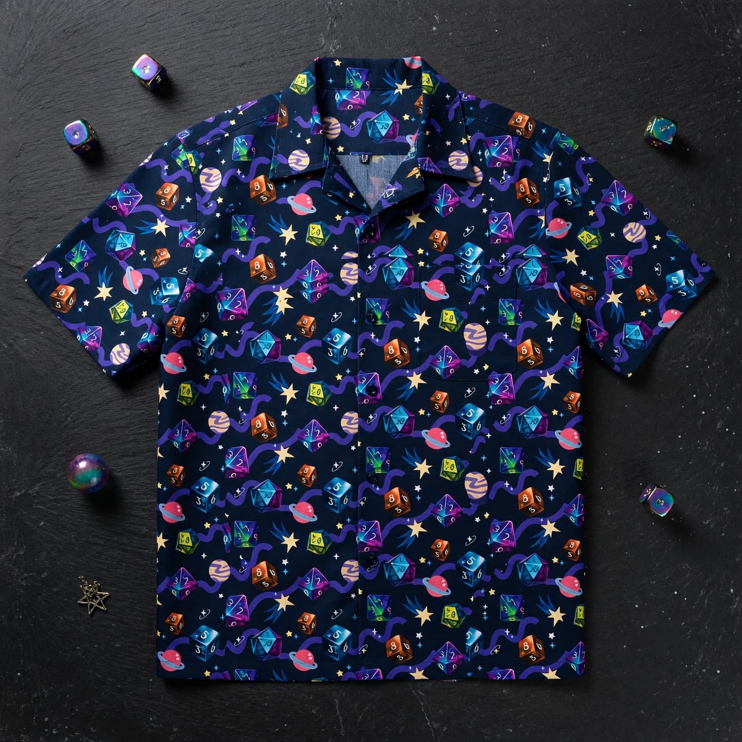 Cosmic Dice Hawaiian Shirt - Space RPG Gaming Apparel