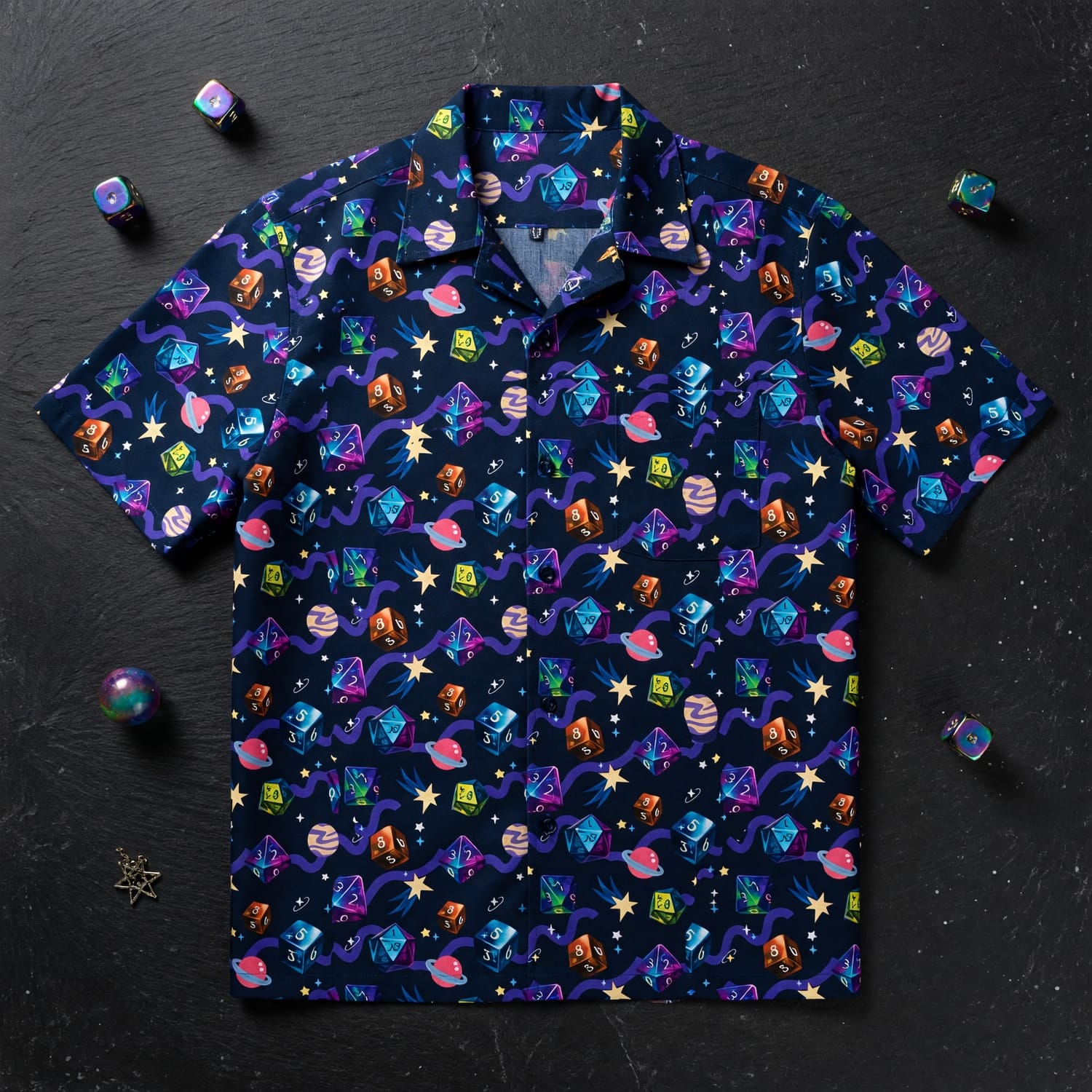 Cosmic Dice Hawaiian Shirt - Space RPG Gaming Apparel