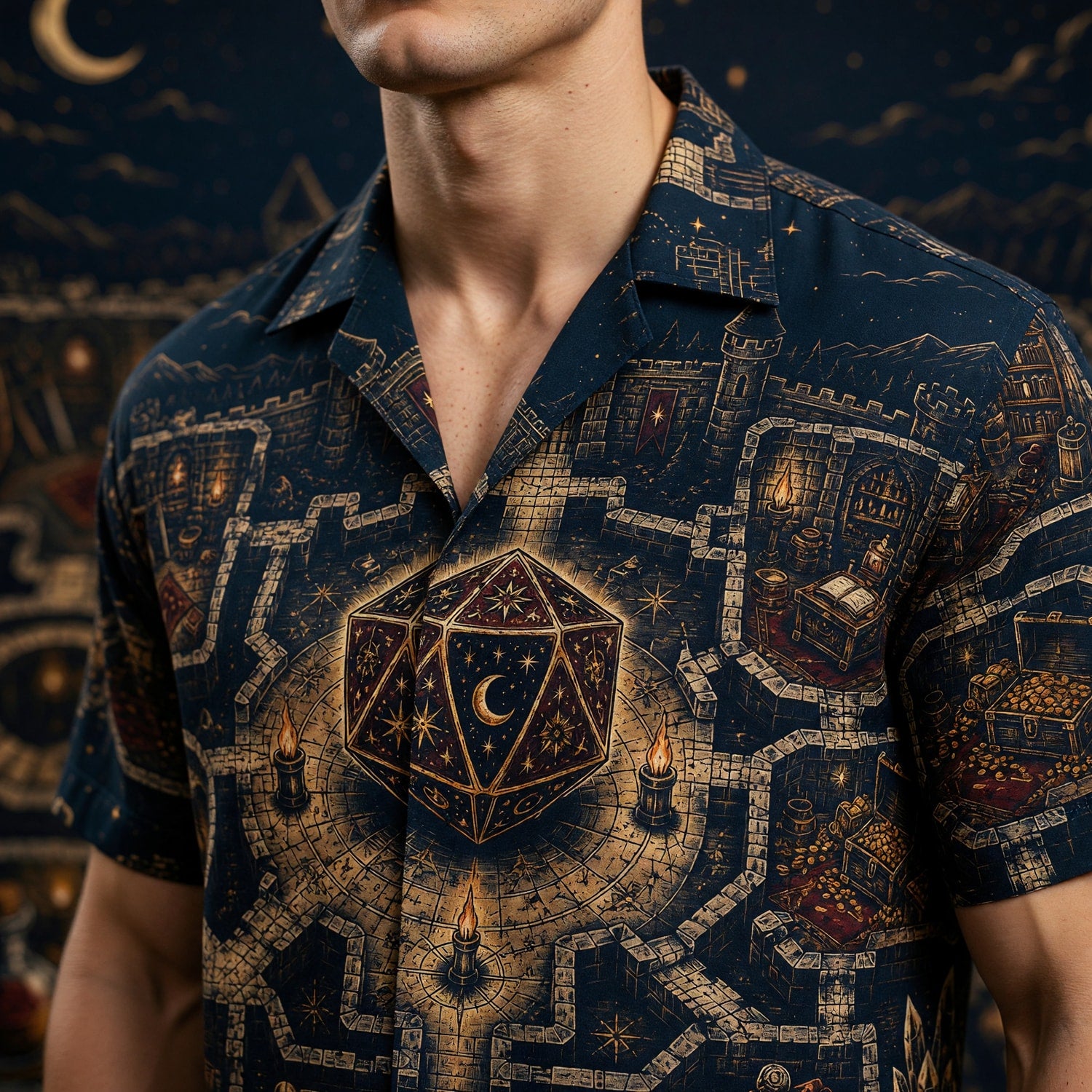 Fantasy D20 Castle Hawaiian Shirt - RPG Dungeon Night Apparel