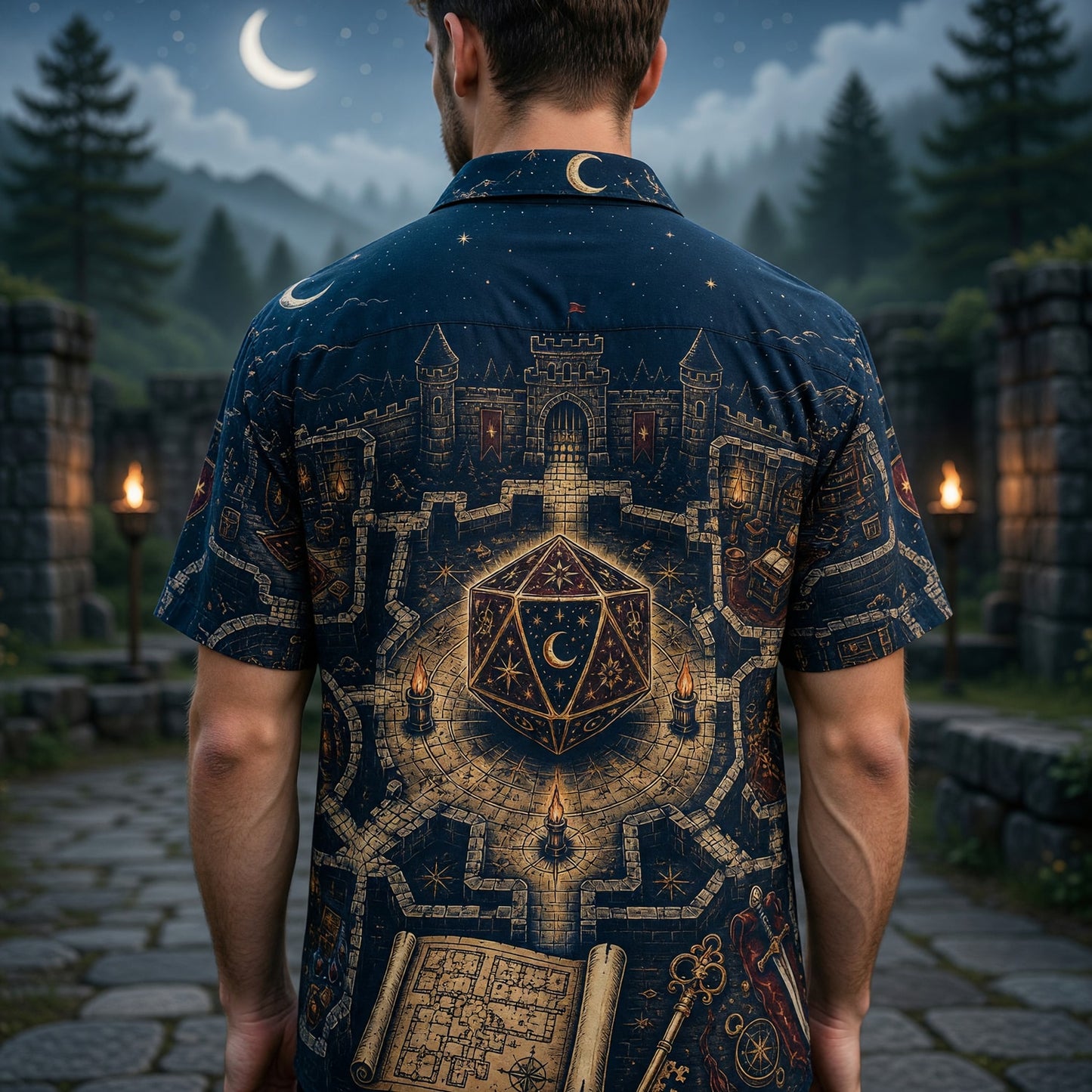 Fantasy D20 Castle Hawaiian Shirt - RPG Dungeon Night Apparel