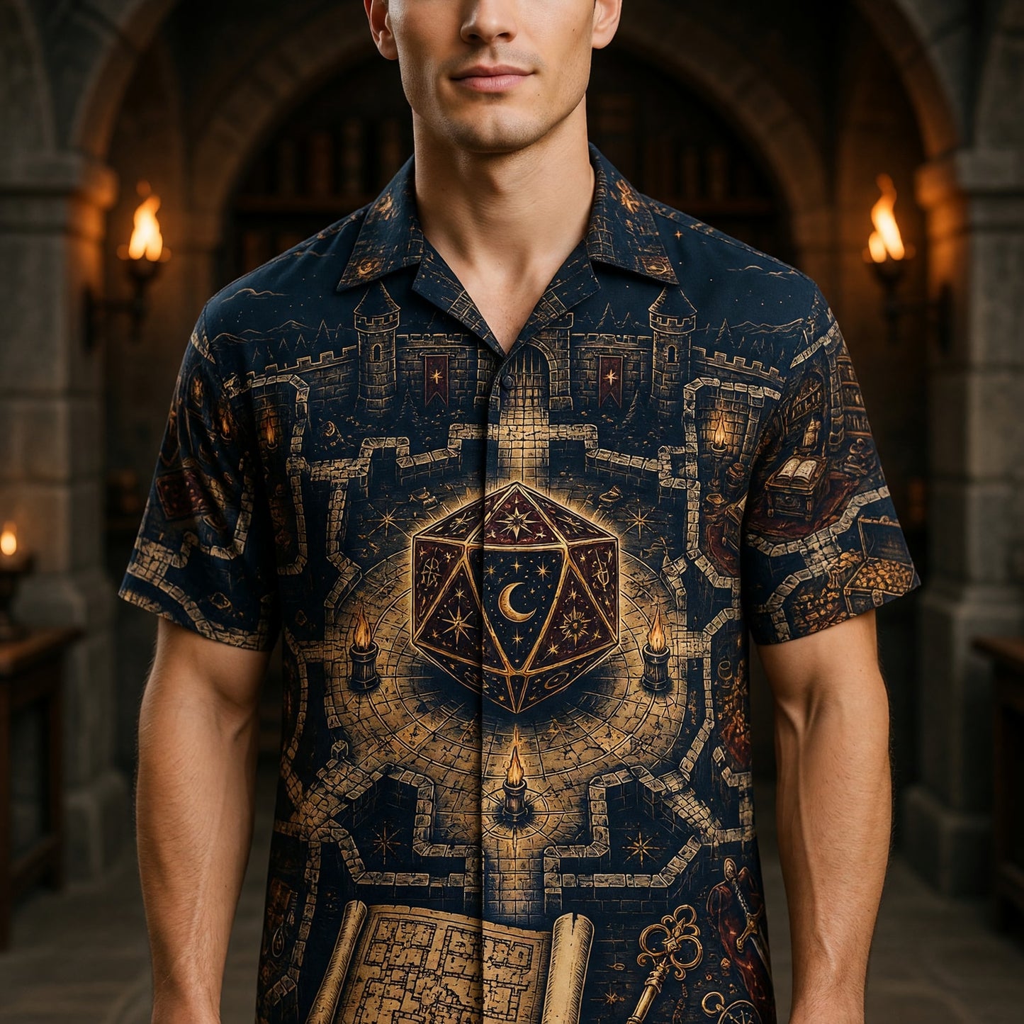 Fantasy D20 Castle Hawaiian Shirt - RPG Dungeon Night Apparel