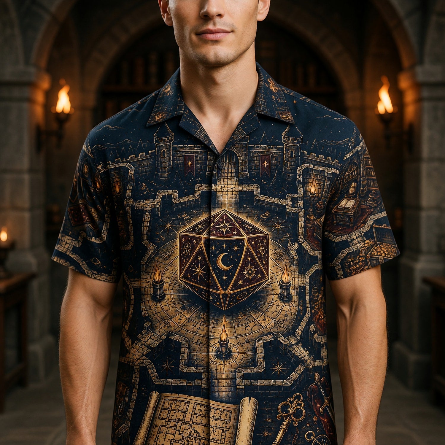 Fantasy D20 Castle Hawaiian Shirt - RPG Dungeon Night Apparel