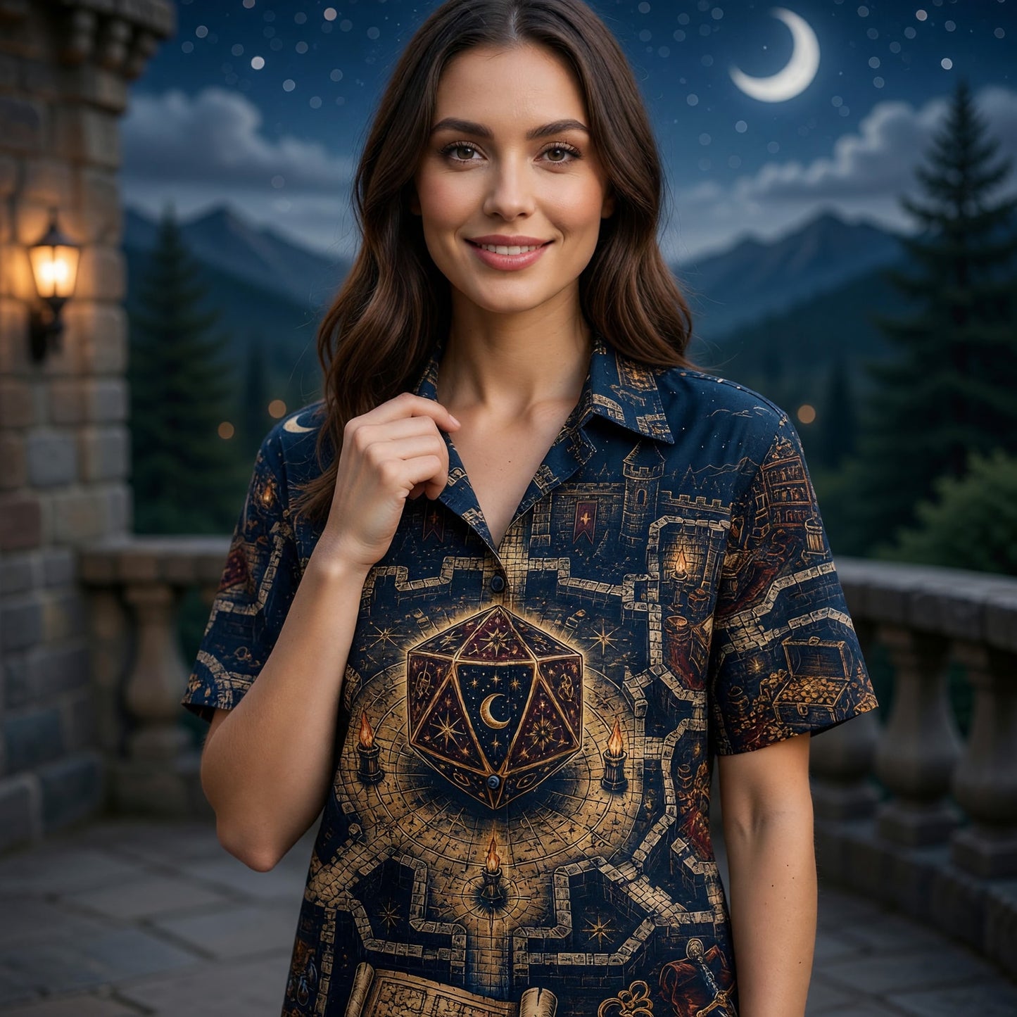 Fantasy D20 Castle Hawaiian Shirt - RPG Dungeon Night Apparel