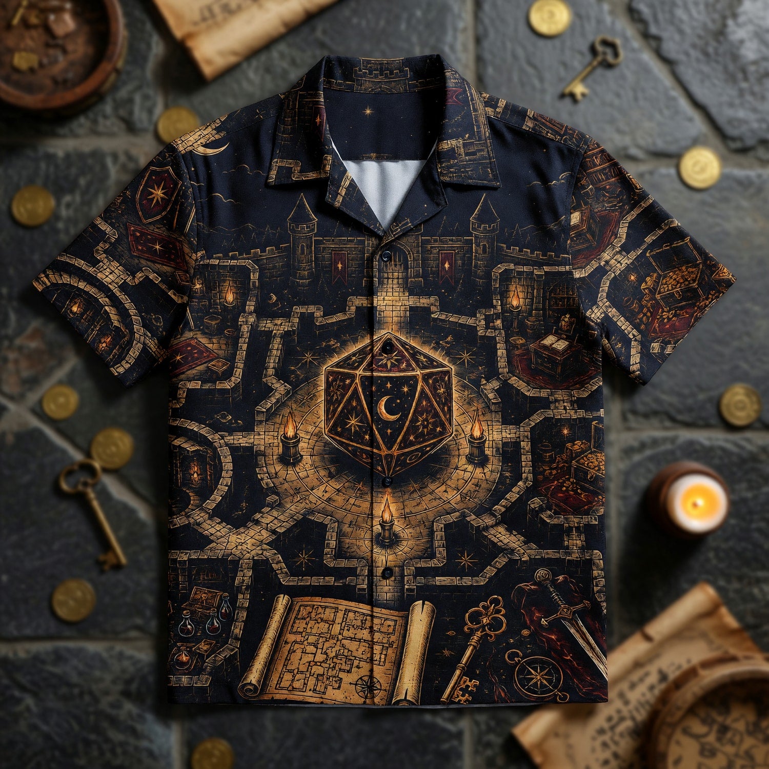 Fantasy D20 Castle Hawaiian Shirt - RPG Dungeon Night Apparel