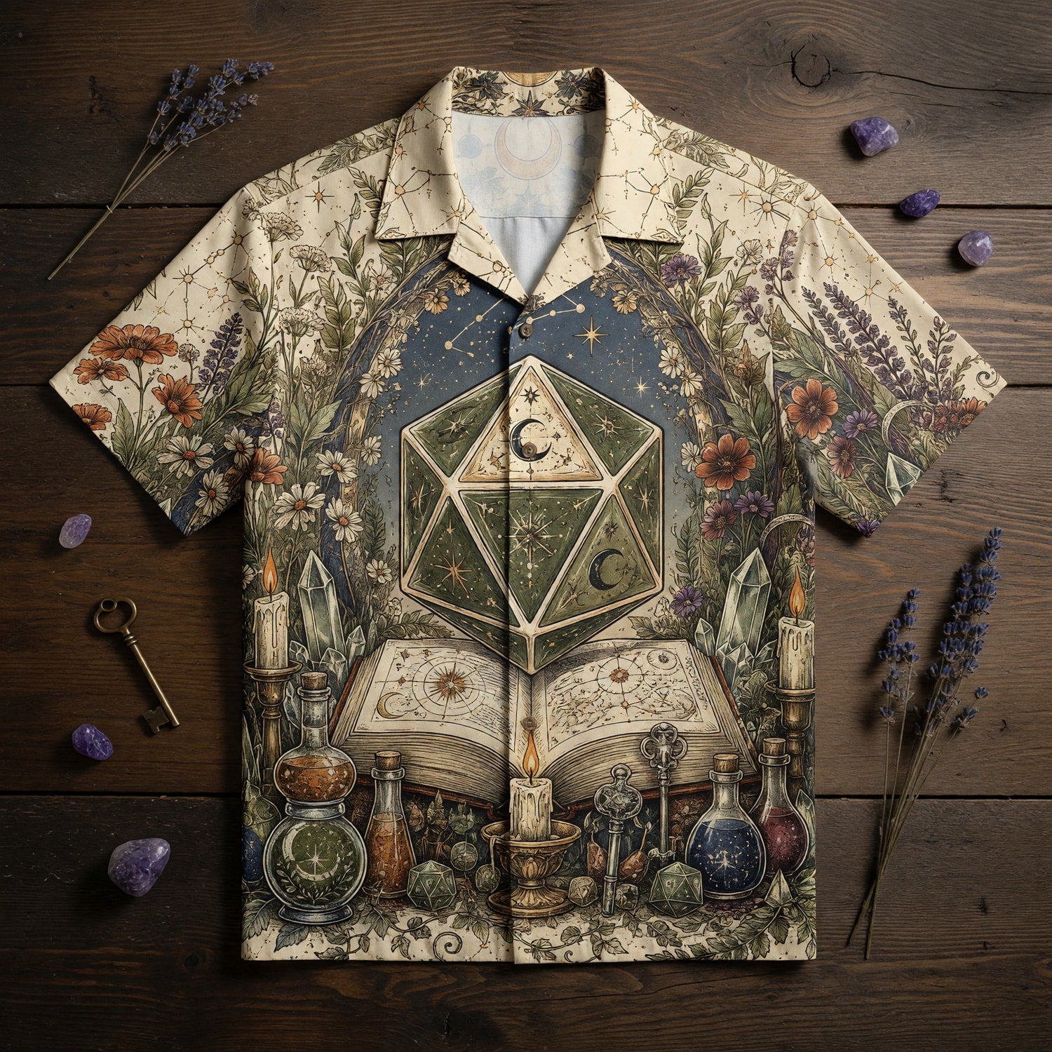 Celestial D20 Hawaiian Shirt - Mystic Witchcraft Fantasy