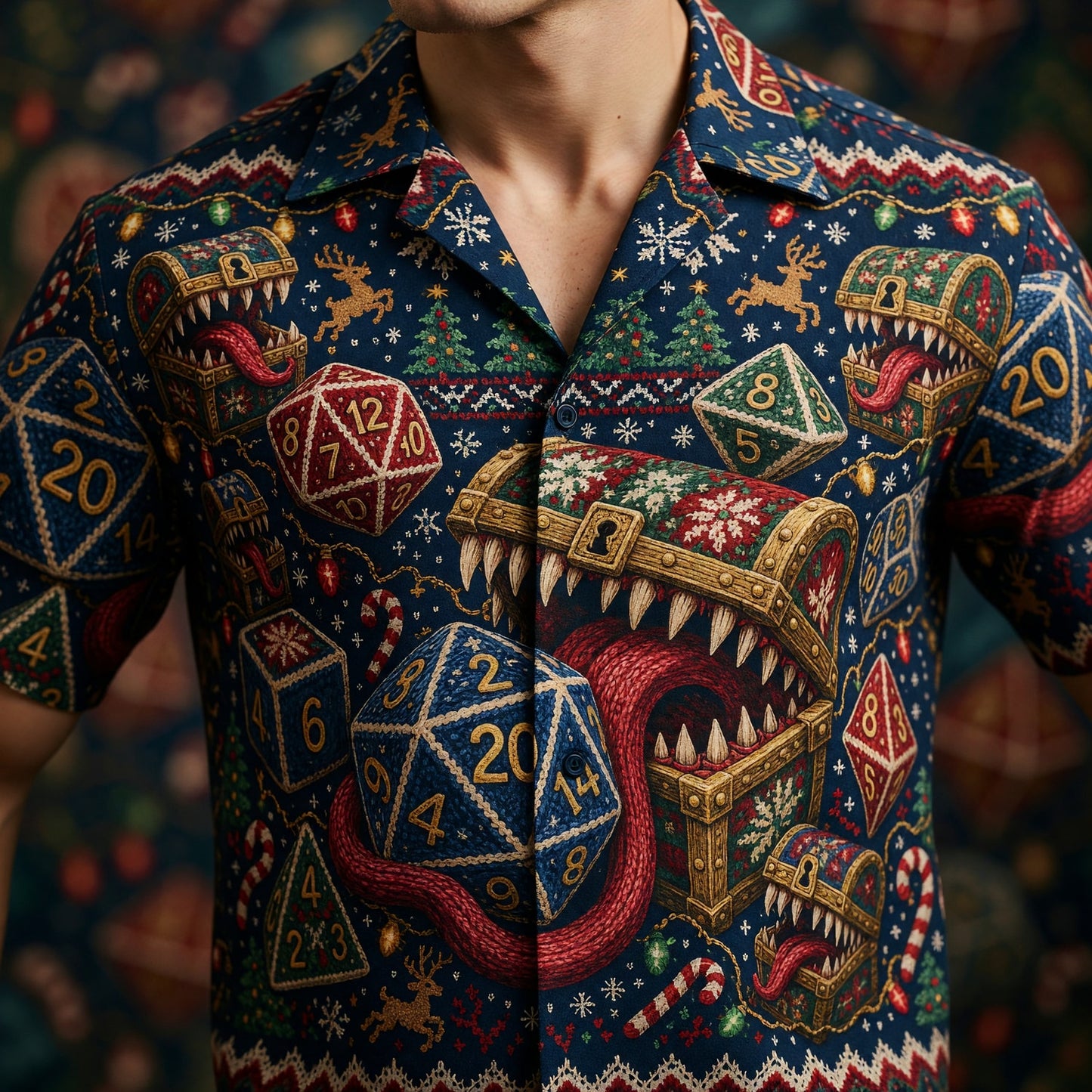 Mimic Dice Christmas Hawaiian Shirt - RPG Holiday Knit Style