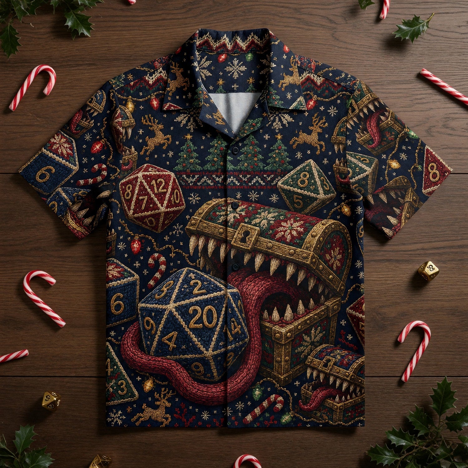 Mimic Dice Christmas Hawaiian Shirt - RPG Holiday Knit Style