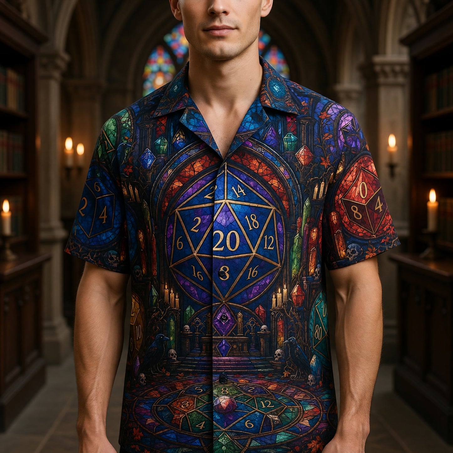 Fantasy Dungeon Dice Hawaiian Shirt - Gothic Fantasy RPG Stained Glass