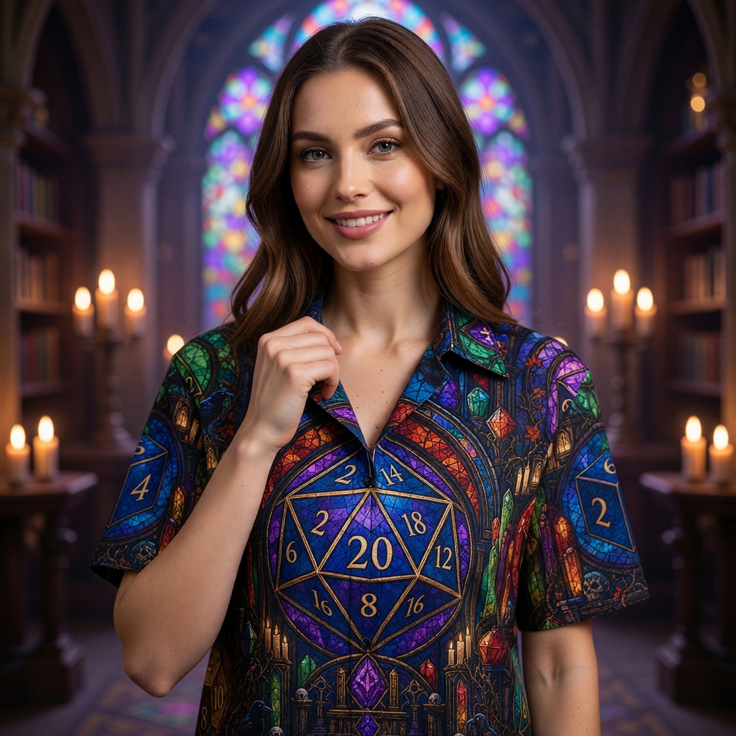 Fantasy Dungeon Dice Hawaiian Shirt - Gothic Fantasy RPG Stained Glass