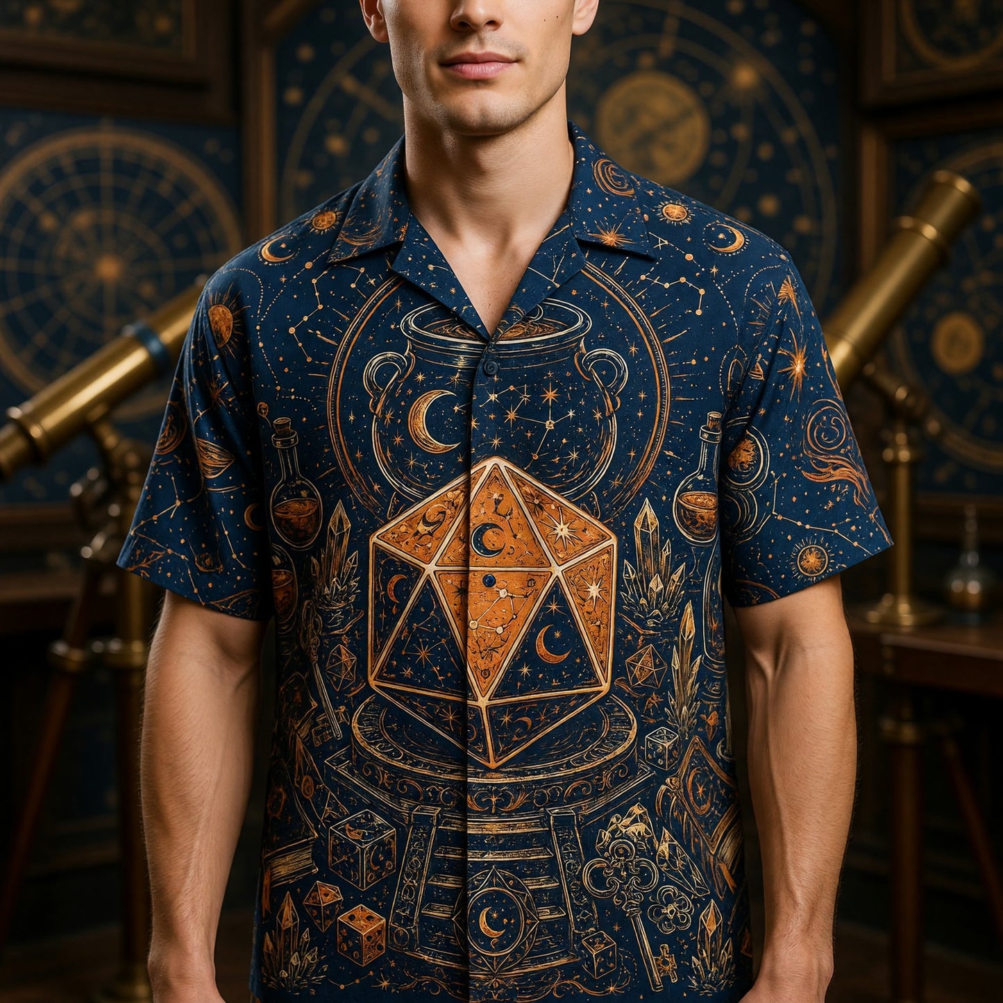 Mystic D20 Wizard Hawaiian Shirt - Celestial Astrology RPG