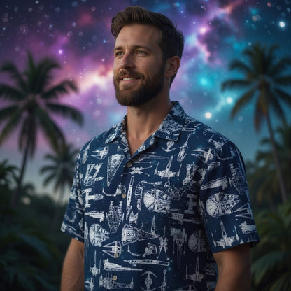 Galactic Spaceship Premium Hawaiian Shirt - Navy Aloha
