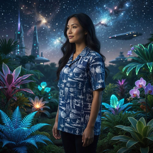 Galactic Spaceship Premium Hawaiian Shirt - Navy Aloha