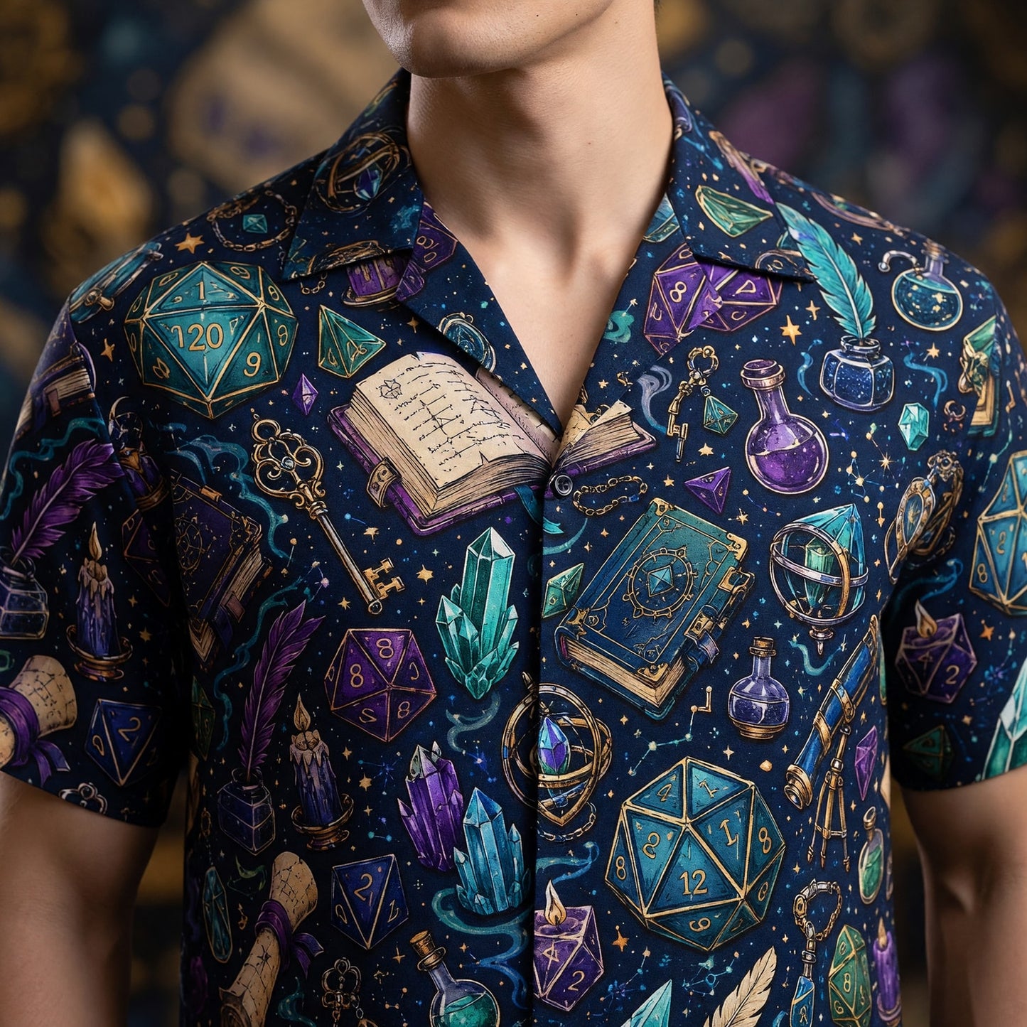 Fantasy Dungeon Hawaiian Shirt - Wizard Dice Magic Pattern