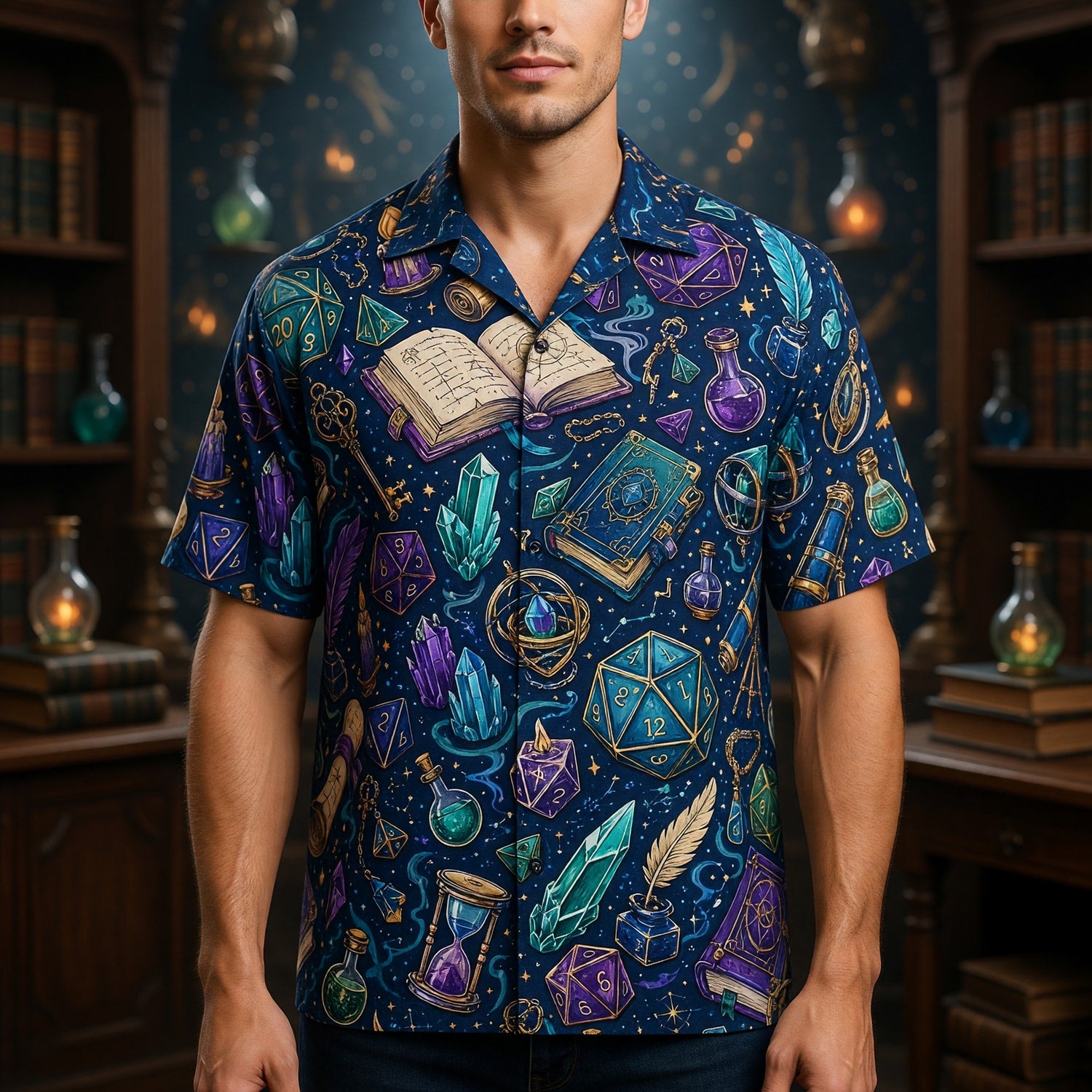 Fantasy Dungeon Hawaiian Shirt - Wizard Dice Magic Pattern