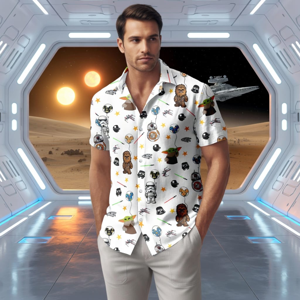 Galactic Characters Premium Hawaiian Shirt/Short, Green Baby Alien Furry Giant Button Shirt Men, Galactic Short Sleeve S