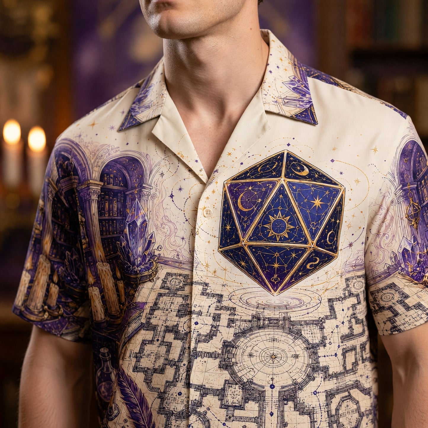 D20 Arcane Library Hawaiian Shirt - Fantasy Wizard Dice Design