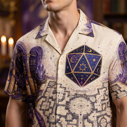 D20 Arcane Library Hawaiian Shirt - Fantasy Wizard Dice Design