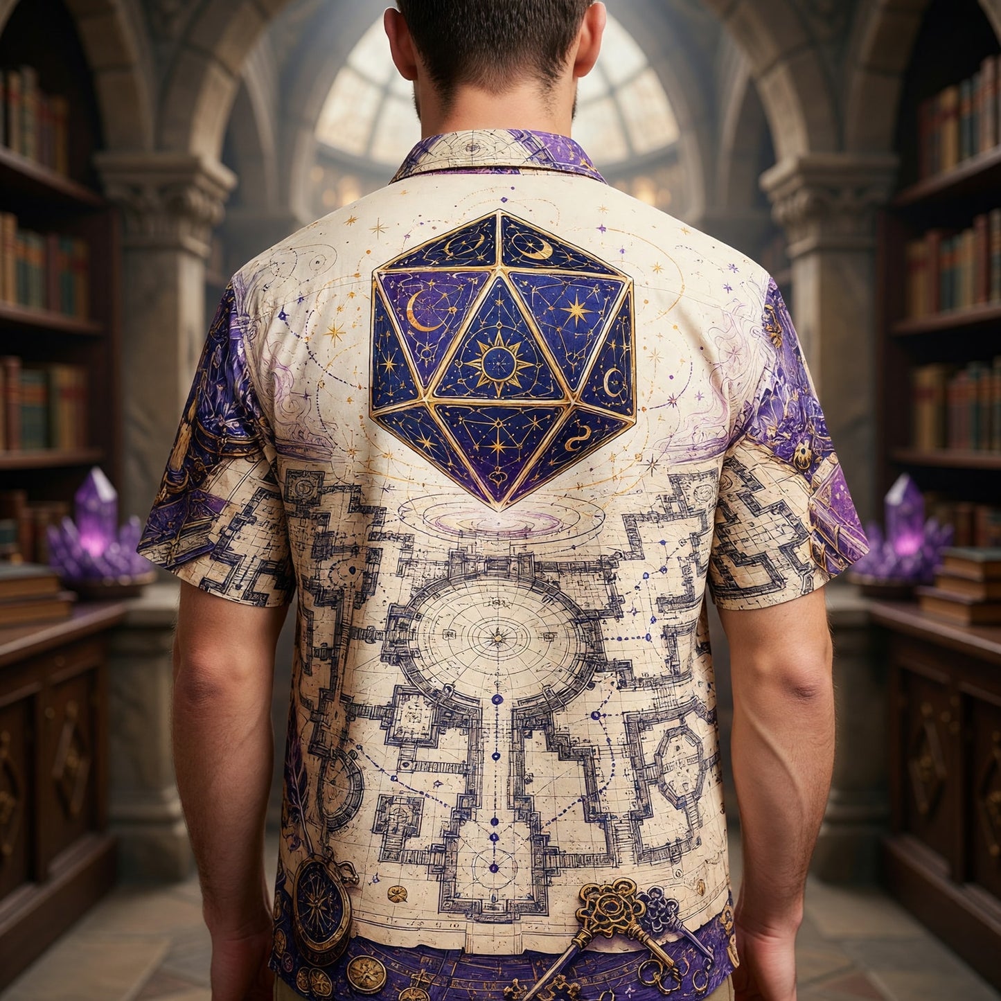 D20 Arcane Library Hawaiian Shirt - Fantasy Wizard Dice Design