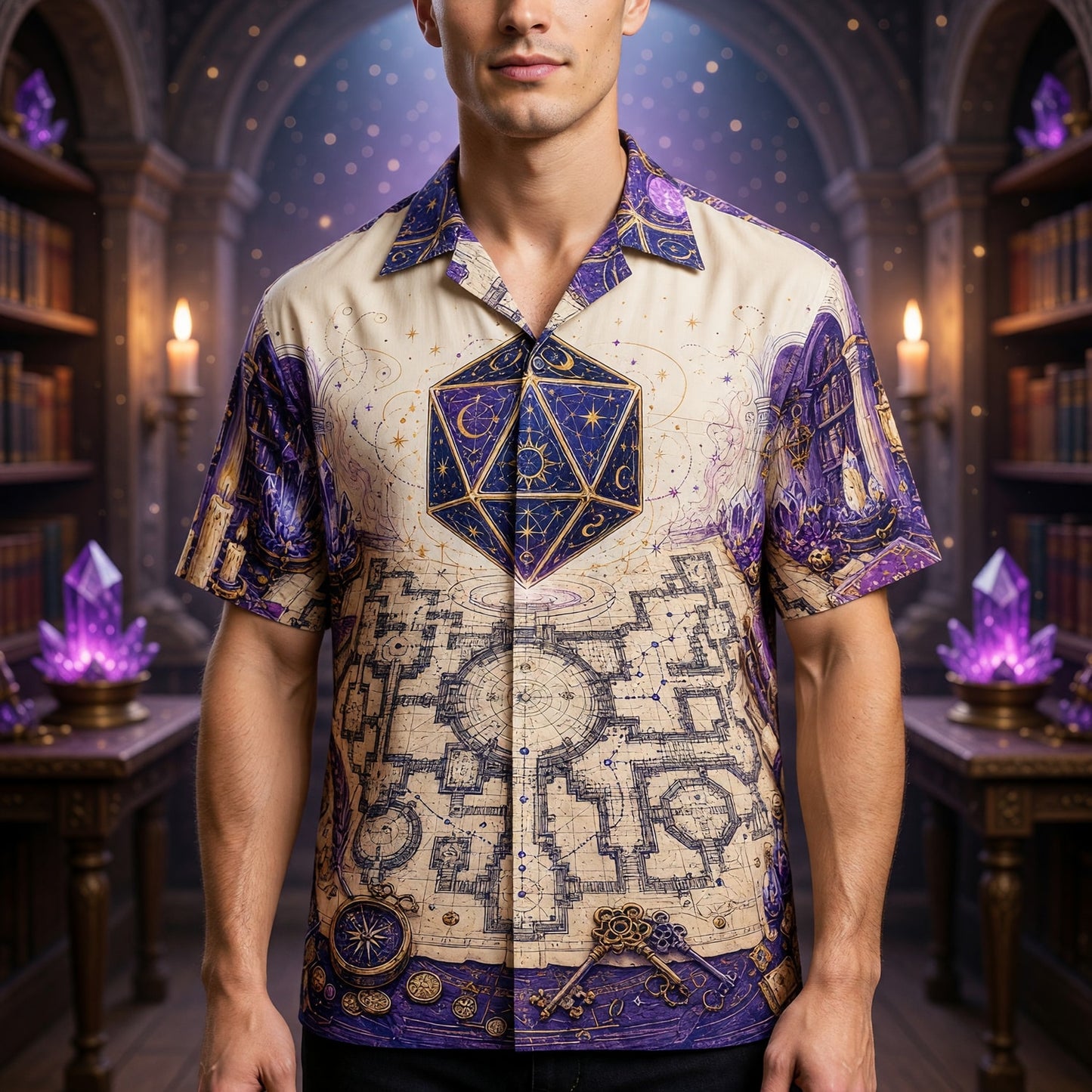 D20 Arcane Library Hawaiian Shirt - Fantasy Wizard Dice Design