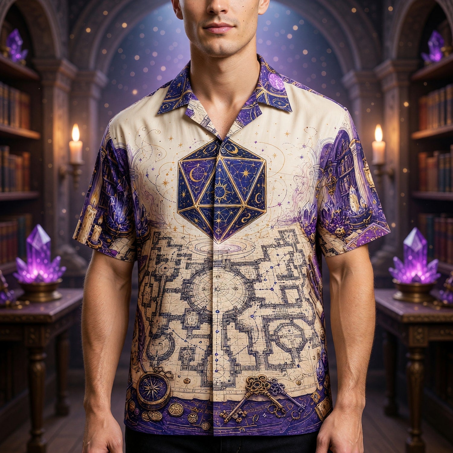 D20 Arcane Library Hawaiian Shirt - Fantasy Wizard Dice Design