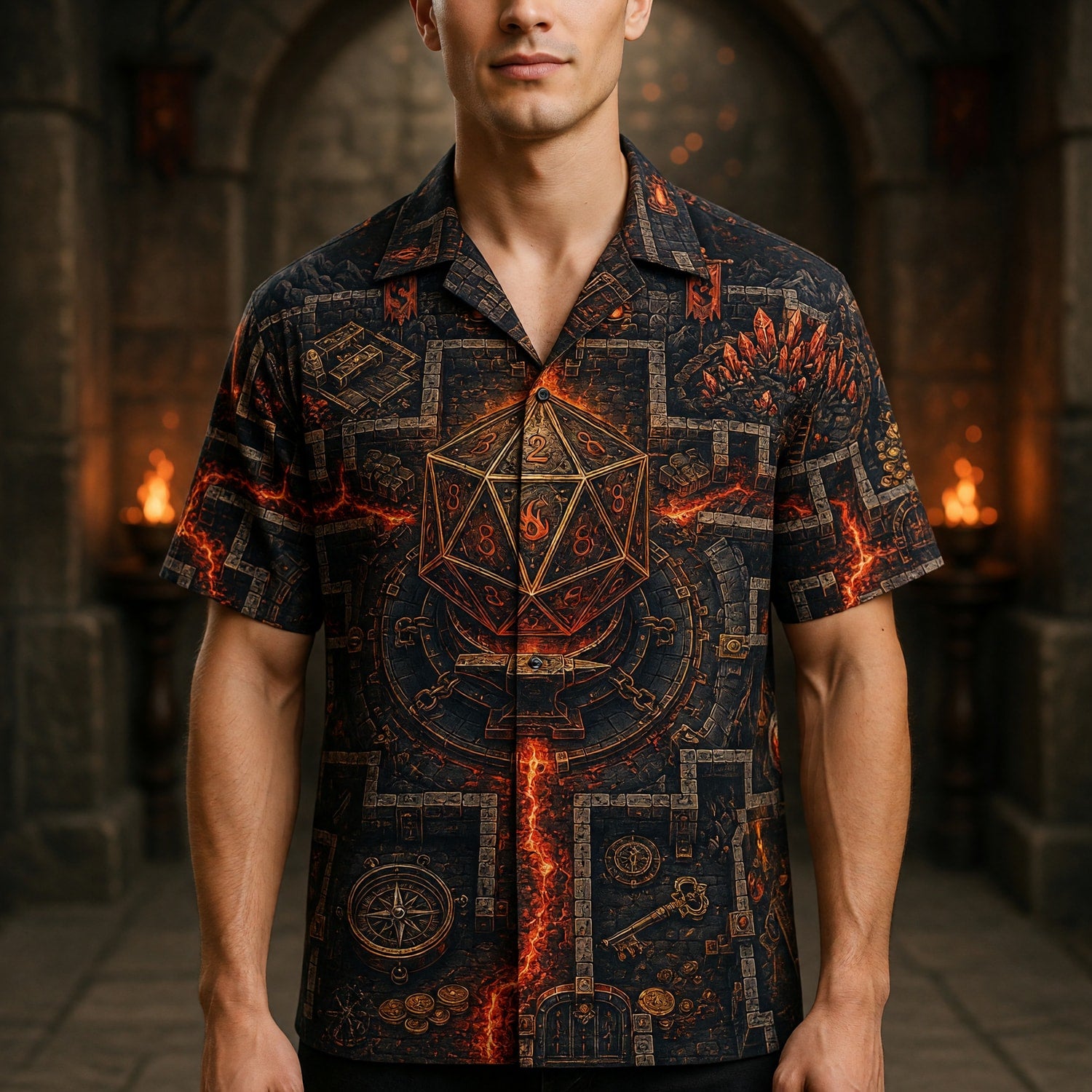 Fantasy Dungeon D20 Hawaiian Shirt - Fantasy RPG Dungeon Map