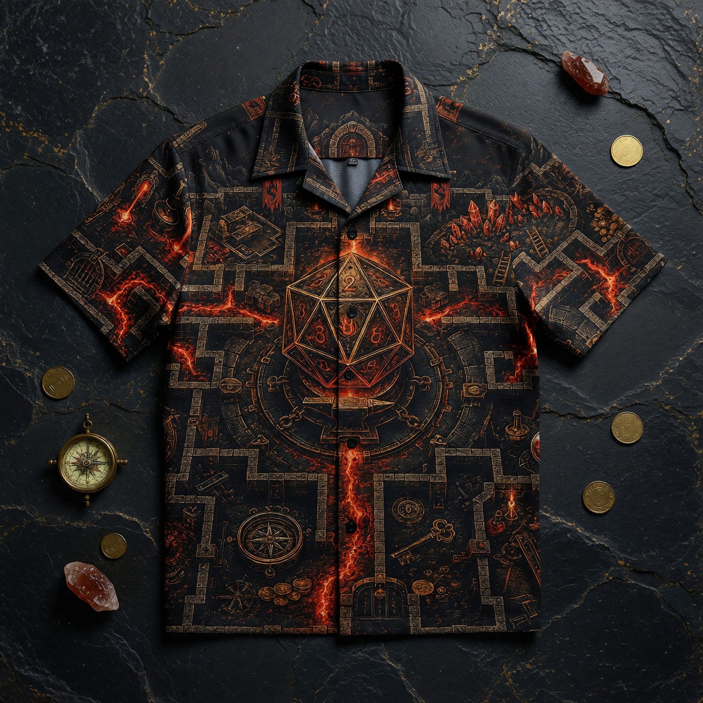 Fantasy Dungeon D20 Hawaiian Shirt - Fantasy RPG Dungeon Map