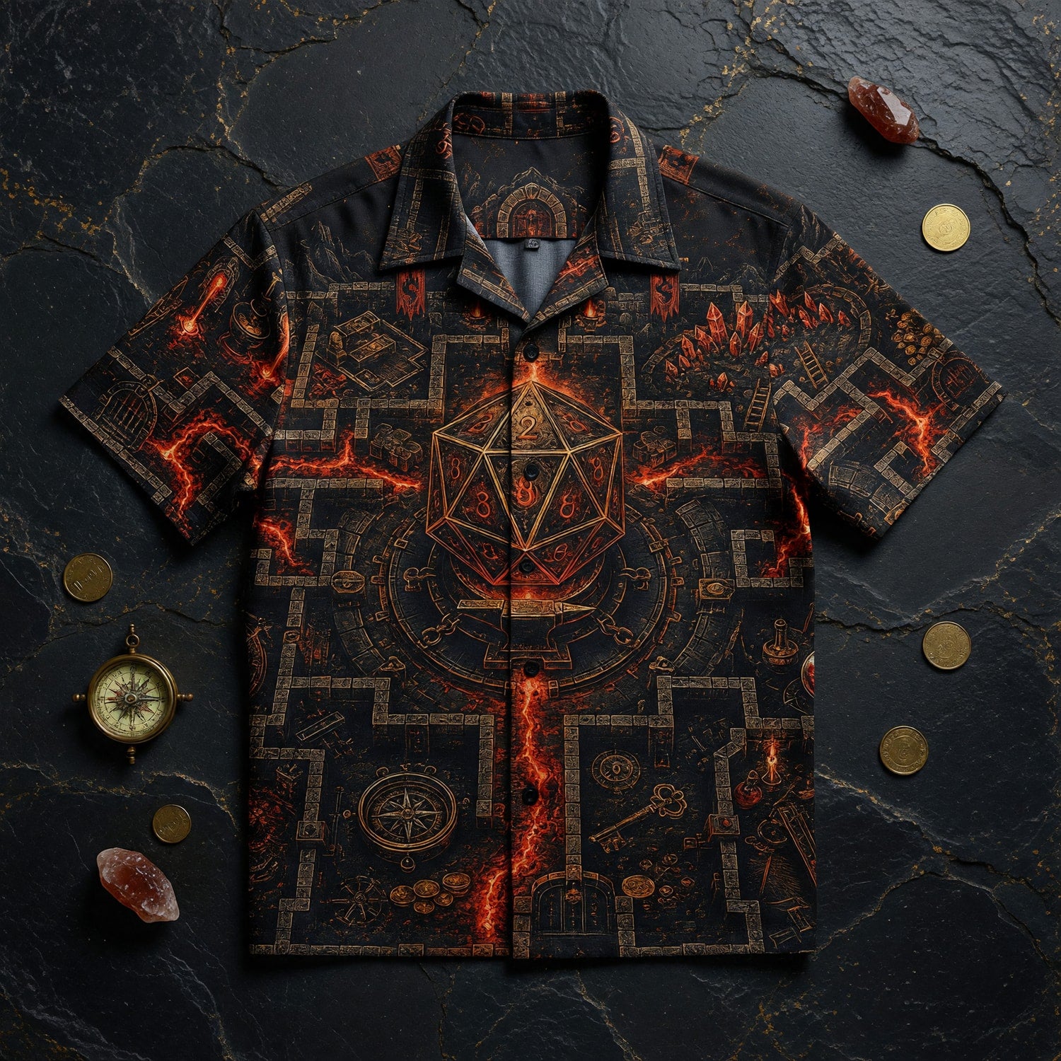 Fantasy Dungeon D20 Hawaiian Shirt - Fantasy RPG Dungeon Map