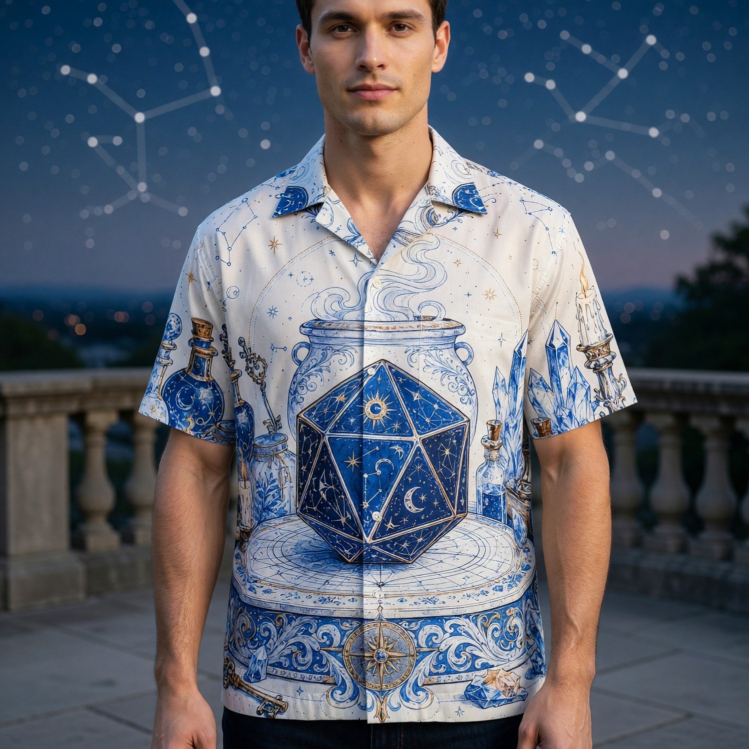Celestial D20 Hawaiian Shirt - Mystic Wizard Astrology Apparel