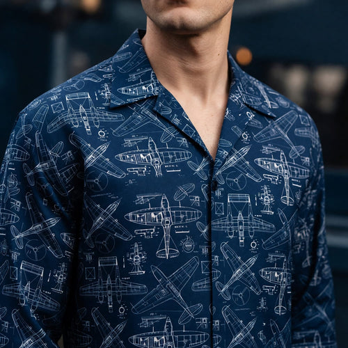 Vintage Airplane Blueprint Hawaiian Shirt - Aviation Retro Pattern