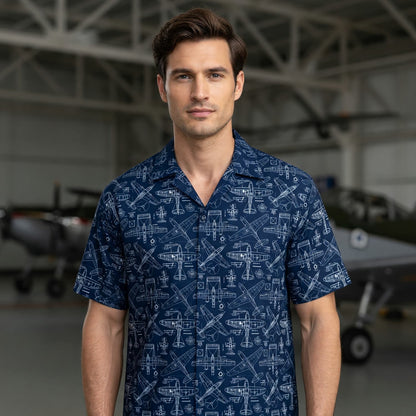 Vintage Airplane Blueprint Hawaiian Shirt - Aviation Retro Pattern