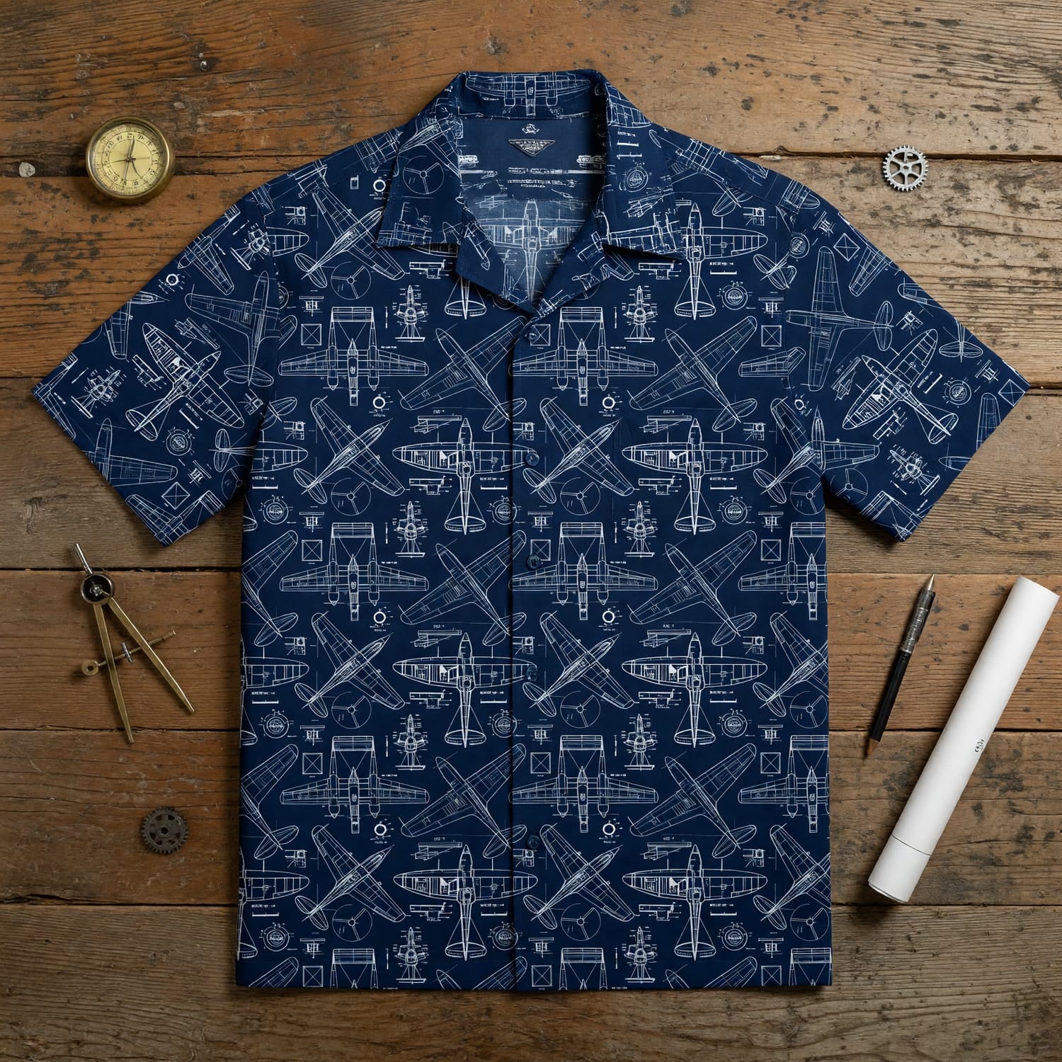 Vintage Airplane Blueprint Hawaiian Shirt - Aviation Retro Pattern