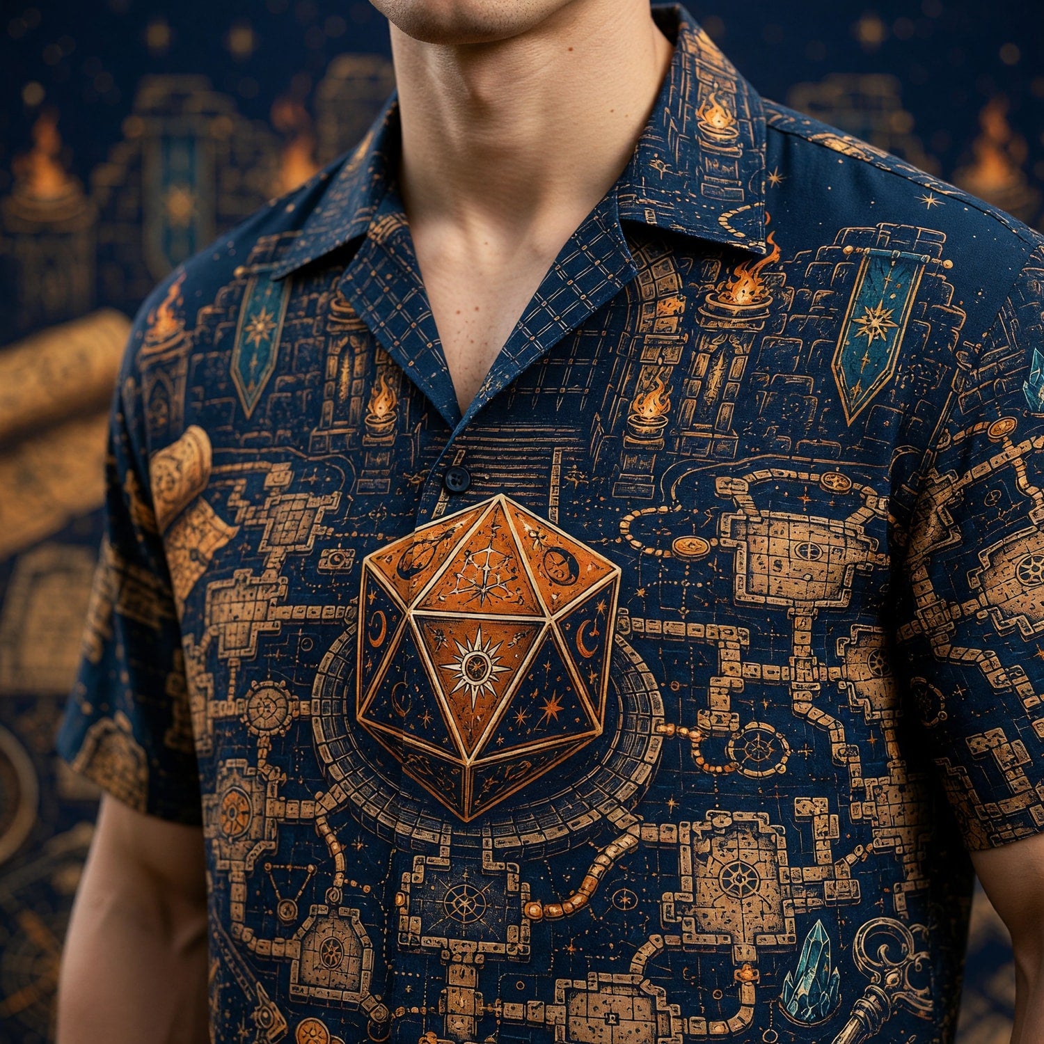Fantasy Dungeon D20 Hawaiian Shirt - Fantasy RPG Dungeon Map Apparel