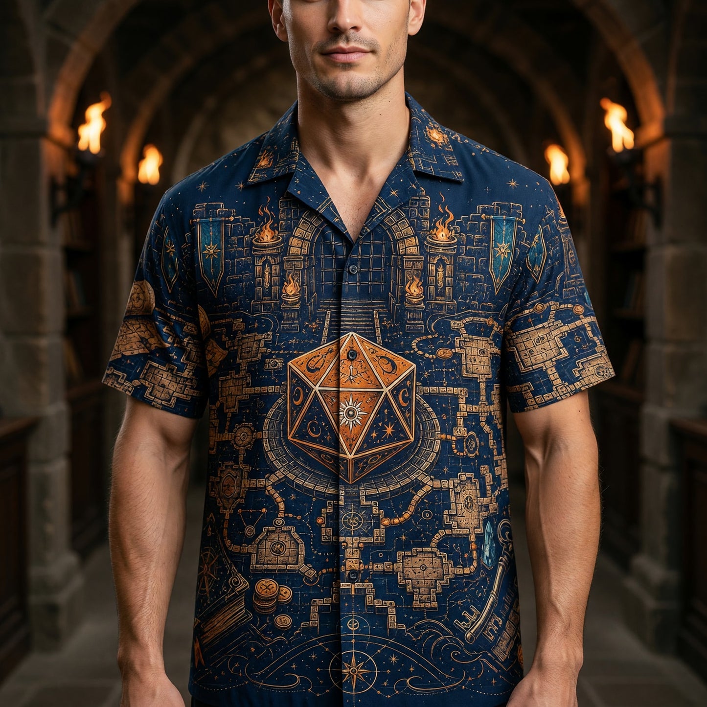 Fantasy Dungeon D20 Hawaiian Shirt - Fantasy RPG Dungeon Map Apparel