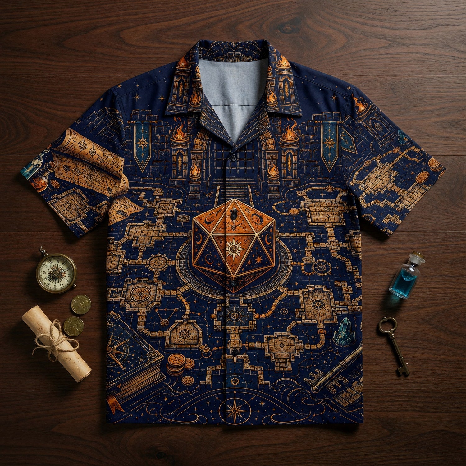 Fantasy Dungeon D20 Hawaiian Shirt - Fantasy RPG Dungeon Map Apparel