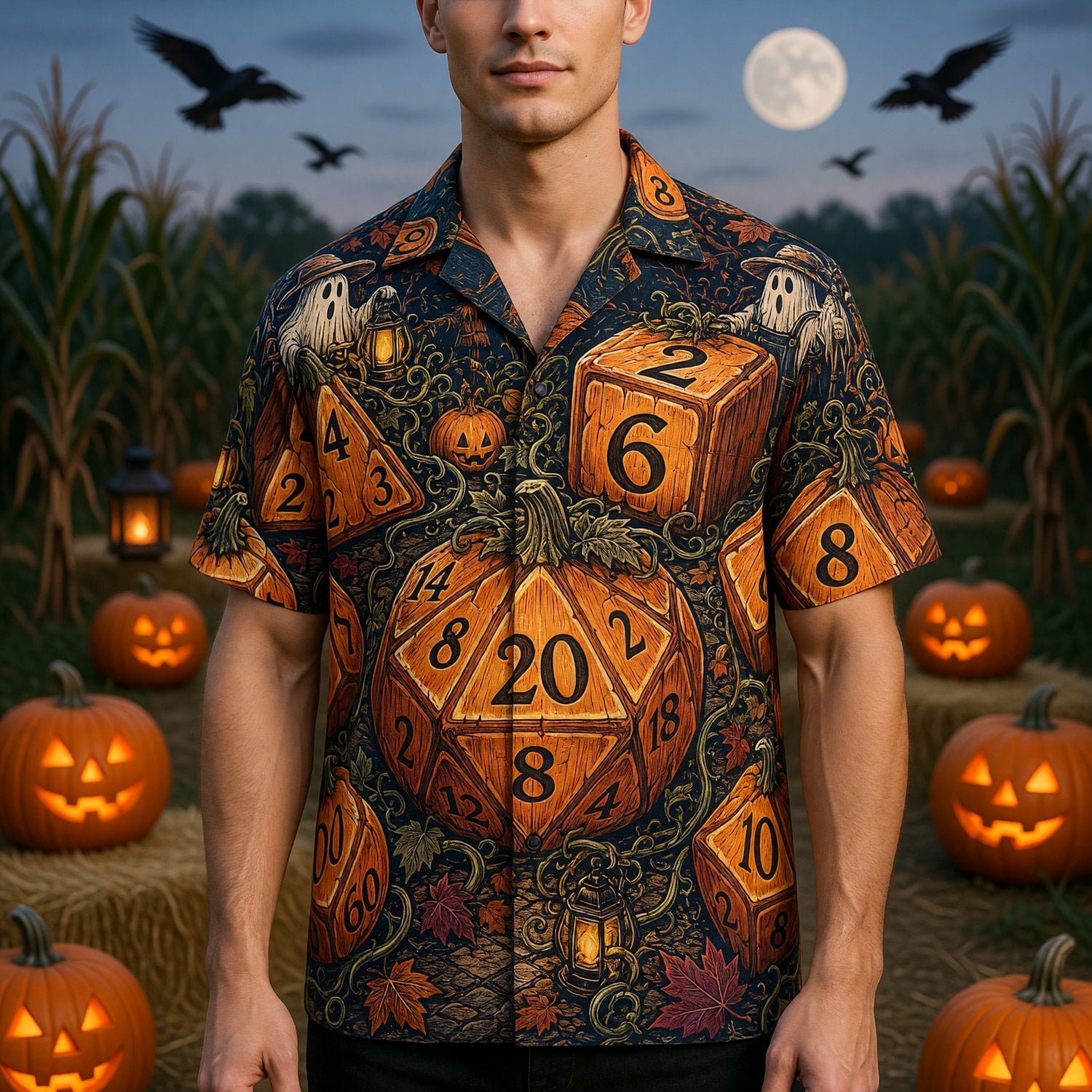 Halloween Pumpkin Dice Hawaiian Shirt - Spooky RPG Apparel
