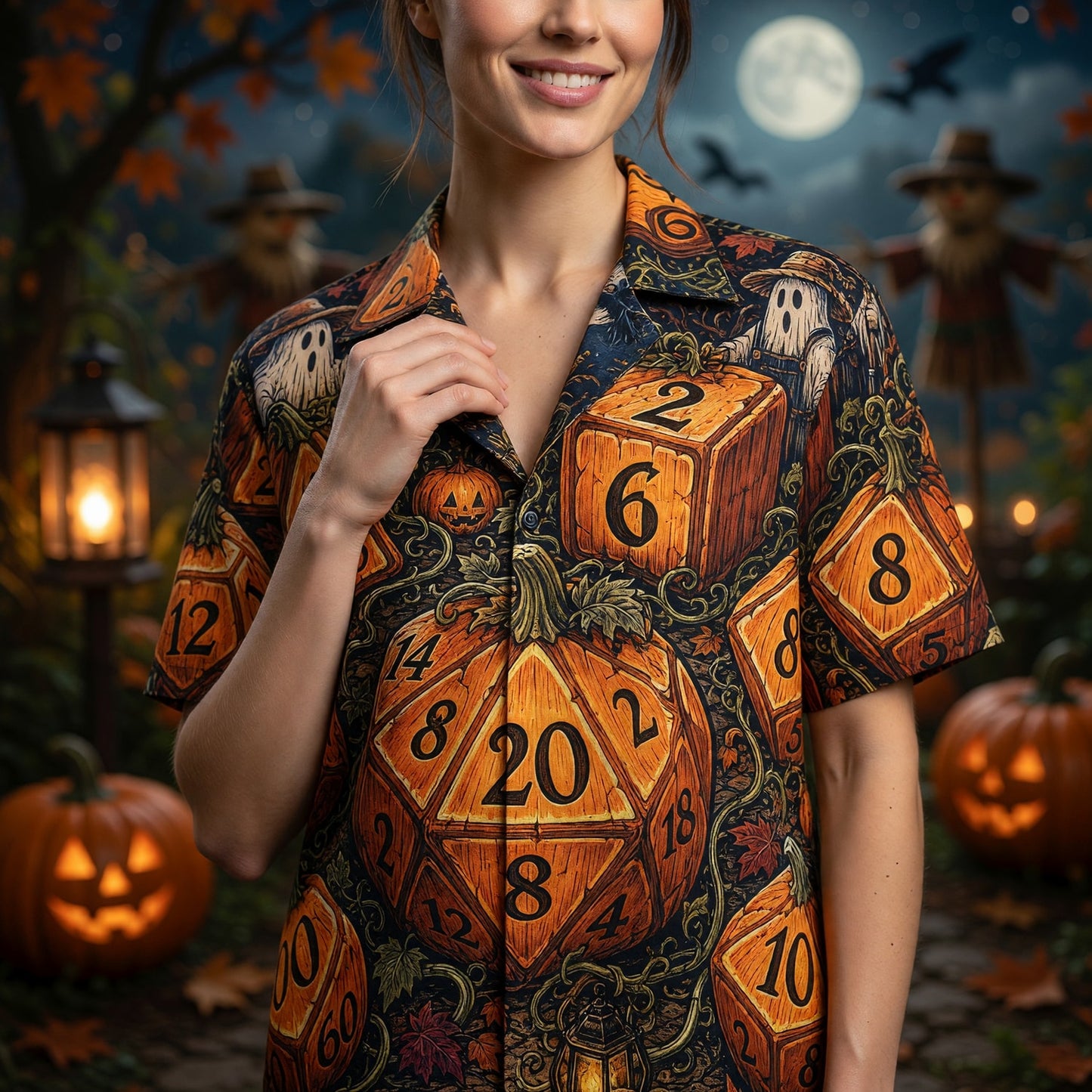 Halloween Pumpkin Dice Hawaiian Shirt - Spooky RPG Apparel