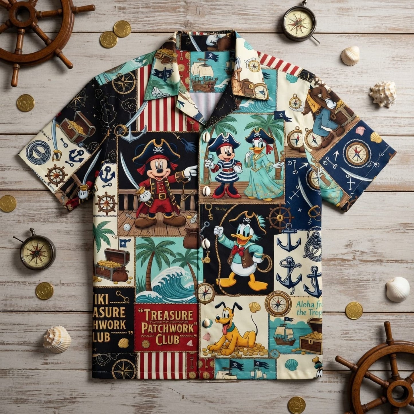 Pirate Mouse Hawaiian Shirt - Tiki Treasure Patchwork