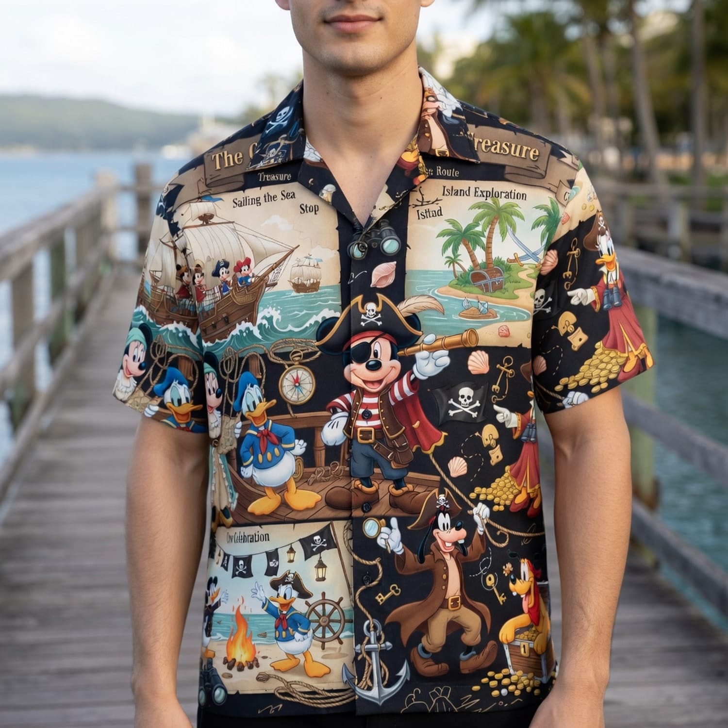 Mouse Pirate Hawaiian Shirt - Treasure Map Cartoon Apparel