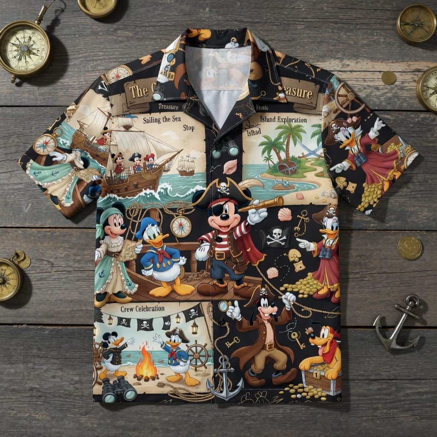 Mouse Pirate Hawaiian Shirt - Treasure Map Cartoon Apparel