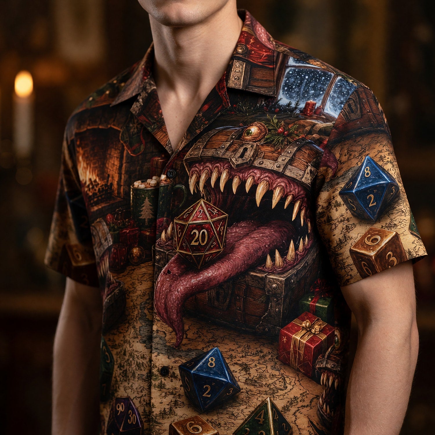 Mimic Christmas Hawaiian Shirt - Fantasy RPG Dice Holiday Wear