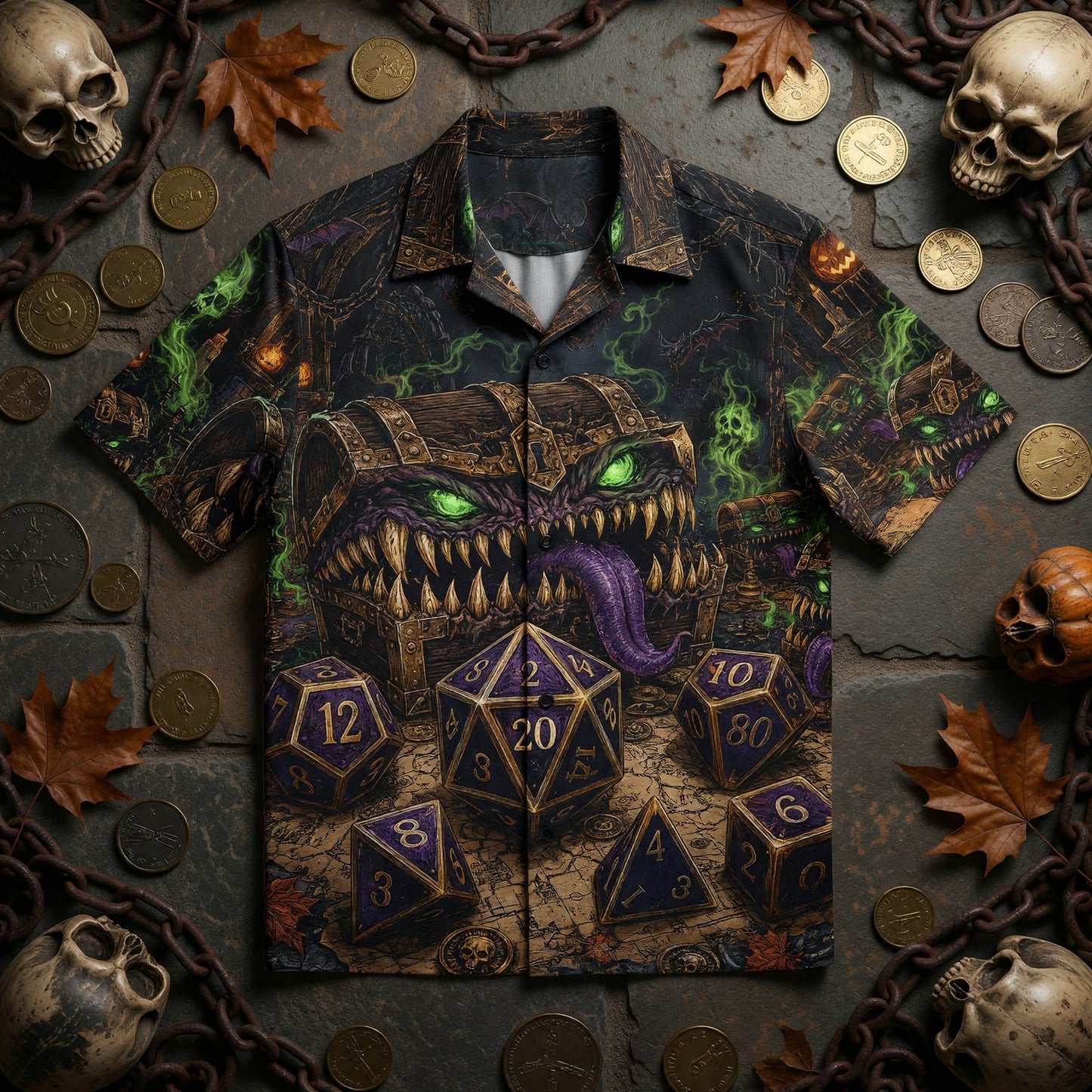 Mimic Chest Hawaiian Shirt - Gothic RPG Dice Halloween Apparel