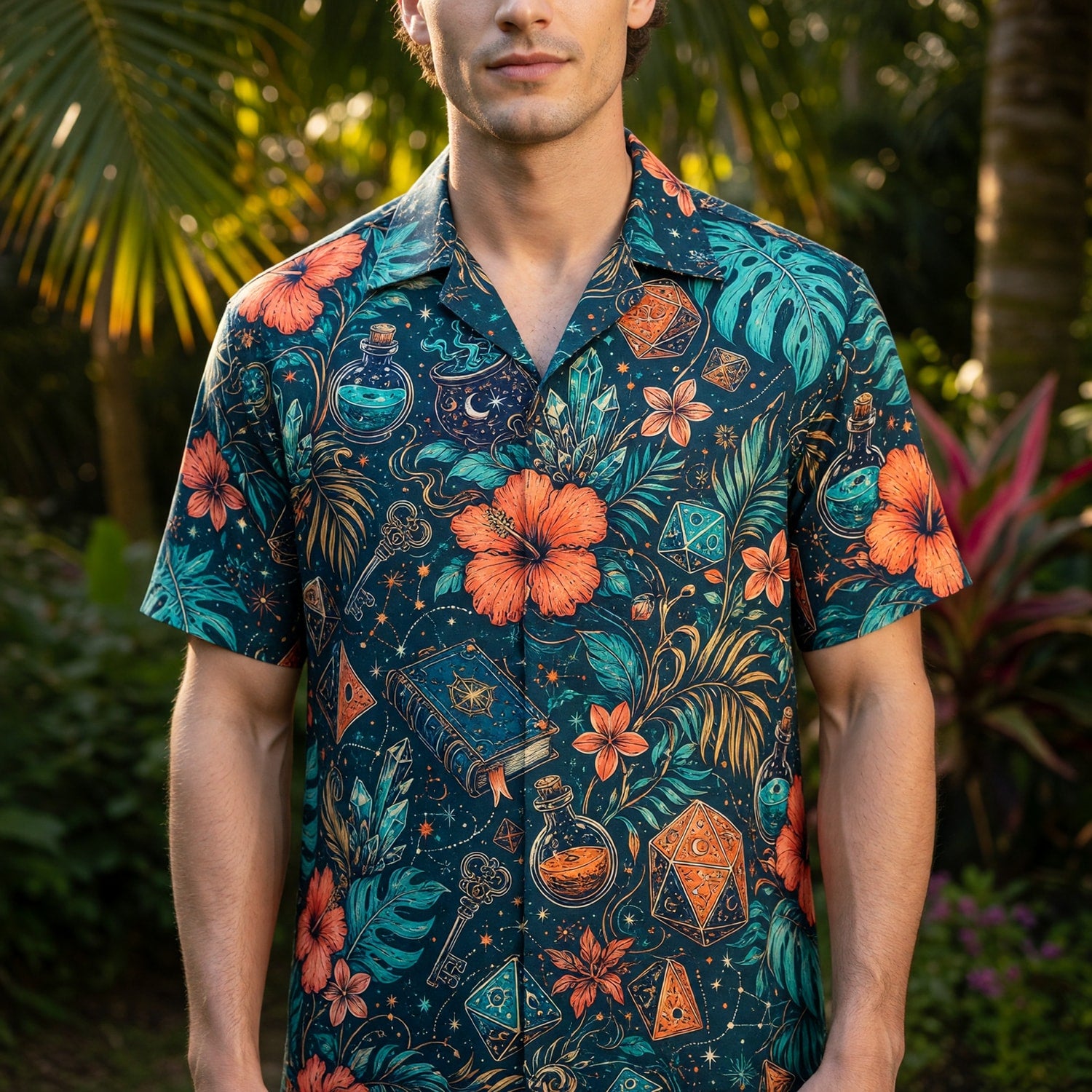 Fantasy Dungeon Dice Hawaiian Shirt - Mystic Crystal Tropical