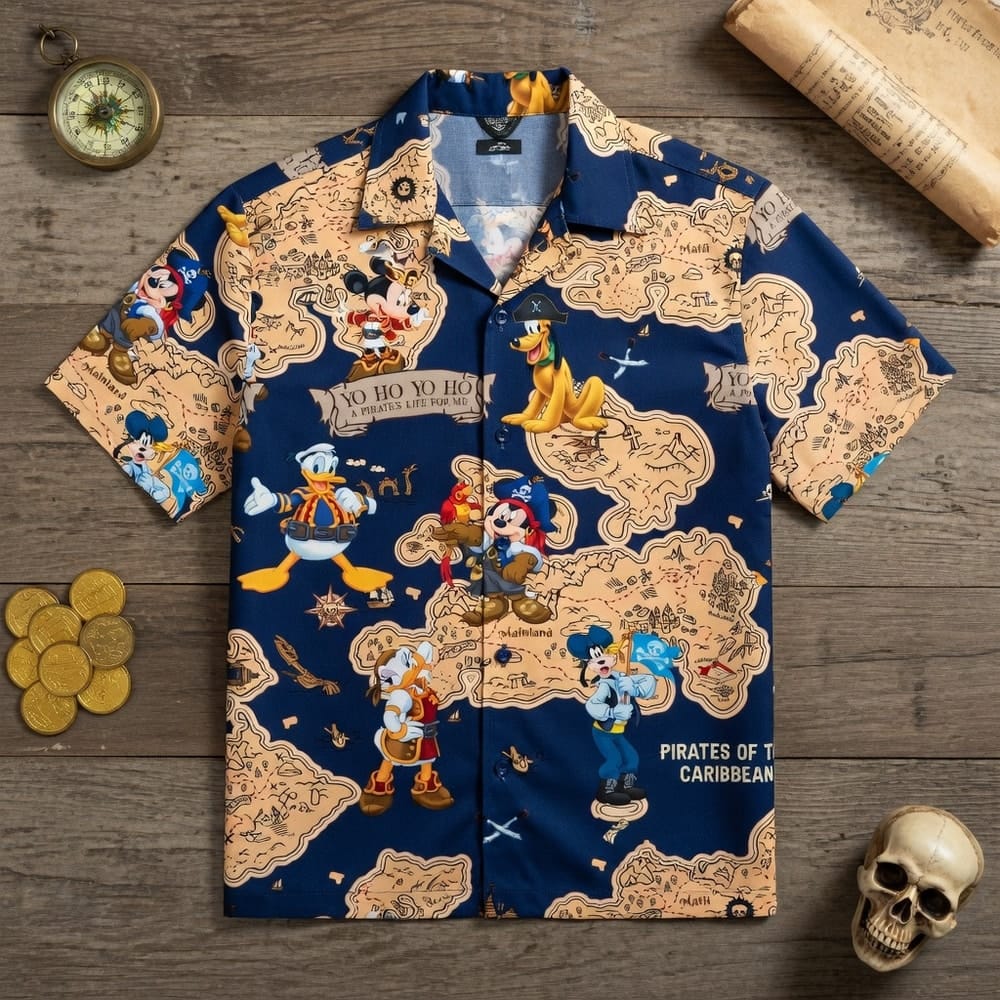 Pirate Map Adventure Mouse Duck Silly Dog Pup Hawaiian Shirt