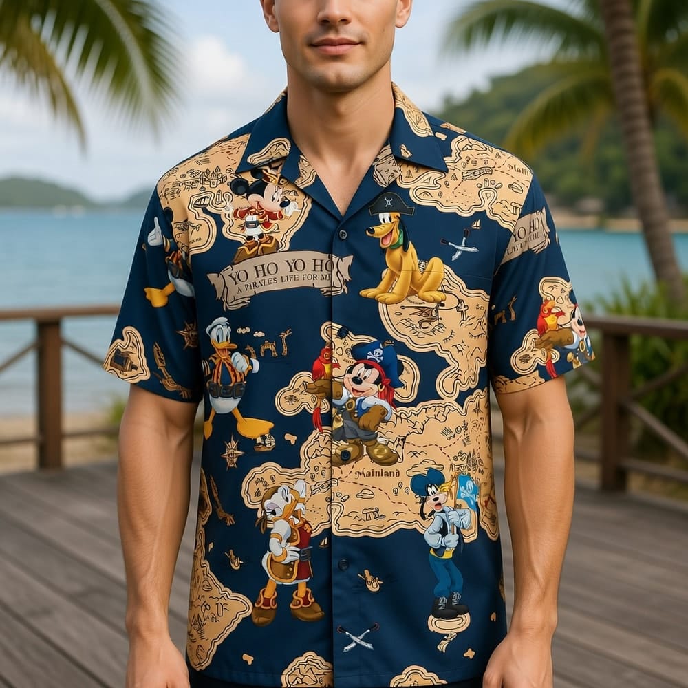 Pirate Map Adventure Mouse Duck Silly Dog Pup Hawaiian Shirt